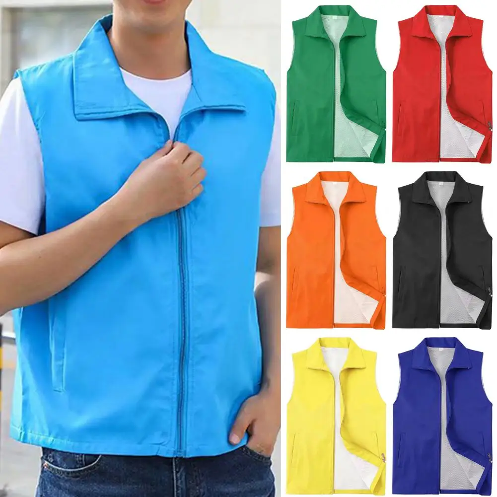 

Waistcoat Sleeveless Unisex Turn-down Collar Zipper Closure Solid Color Loose Pocket Mesh Mid Length Soft Breathable Cardigan Ou
