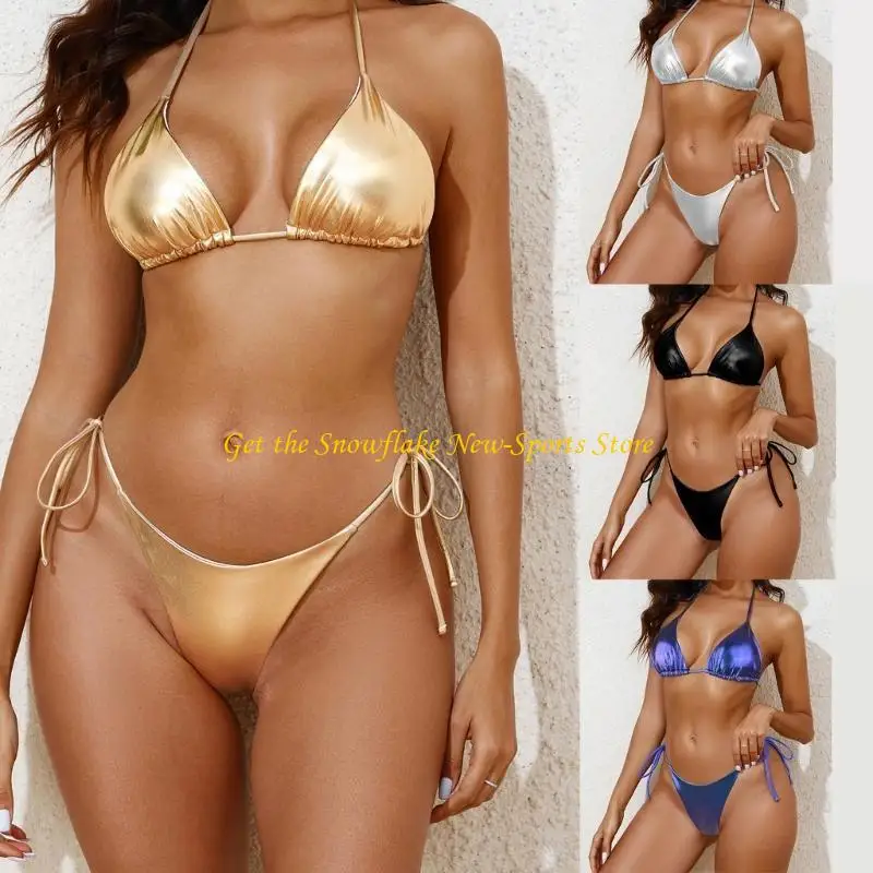 

E56D Women Halterneck Thong Swimsuit Set Metallic Color Triangular Thong Bathing Suit Side Tie Adjustable String Swimwears