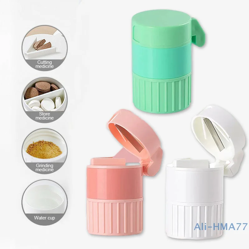 Multifunction 4In1 Portable 4 Layer Powder Tablet Grinder Pill Cutter Medicine Splitter Box Storage Crusher Travel Pill Case 1PC