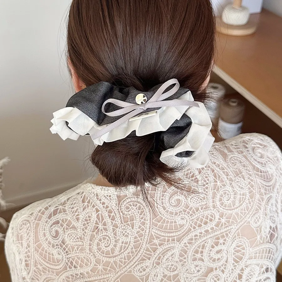 

Ruffle Scrunchie Plain Color Lace Bow Campus Style Sweet Fashionable Soft Fabric Hair Tie for Women Daily Home