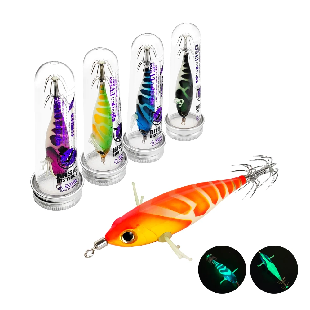 ILURE 2025 Luminous Squid Bait 8cm/5.2g Artificial Wood Shrimp Squid Jig Hook Octopus Cuttlefish Shrimp Saltwater Baits Tackle