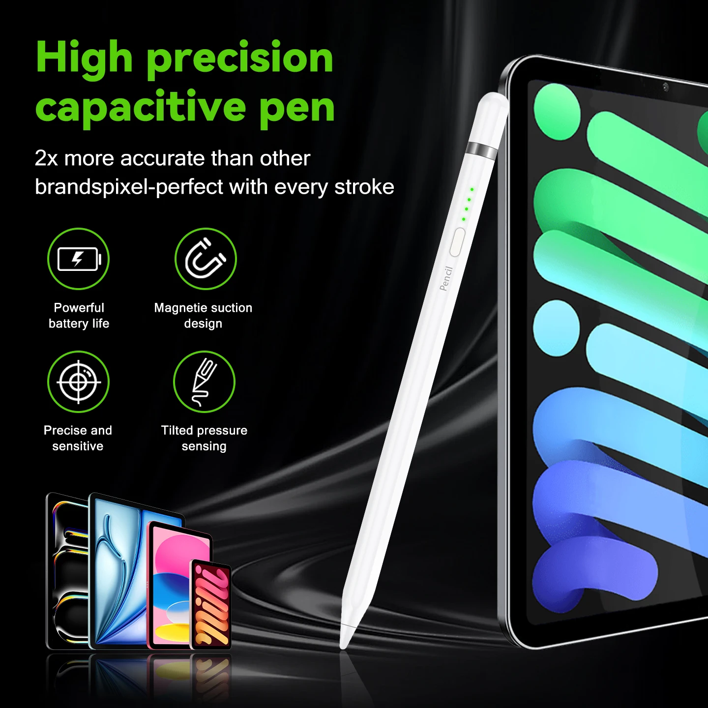 

Стилус iPad Active для моделей 2018+, с функцией Palm Rejection, быстрой зарядкой, длительным временем автономной работы, боковым магнитным креплением, в комплекте с дорожным чехлом