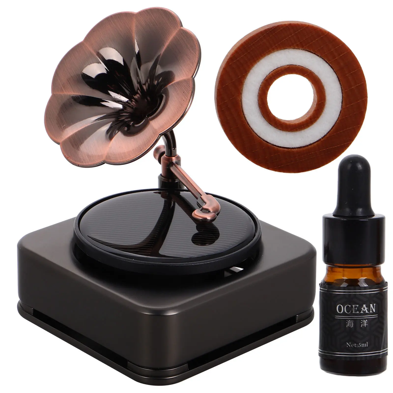 Solar Powered Car Aroma Diffuser Vintage Record Player Design Aromatherapy Solid Oil Fragrance Decorative Ornament