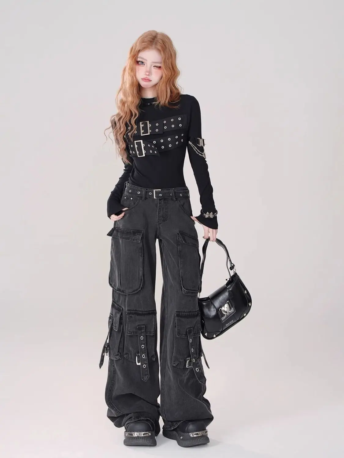 Y2K Black Cargo Pants for Women Straight Leg Jean Edgy Style Pocket Trousers Streetwear 2000s Aesthetic Grunge Pants Pantalones