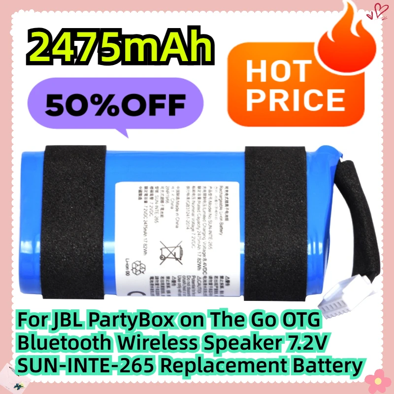 For JBL PartyBox on The Go OTG Bluetooth Wireless Speaker 7.2V 2475mAh SUN-INTE-265 Replacement Battery