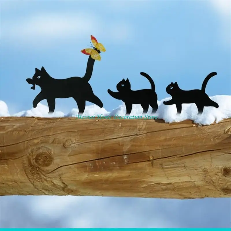 H7BF 3Pieces Large Black Cats Stakes Garden and Backyard Decorative Statue Stake For Outdoor Lawn Patios Balcony Setting