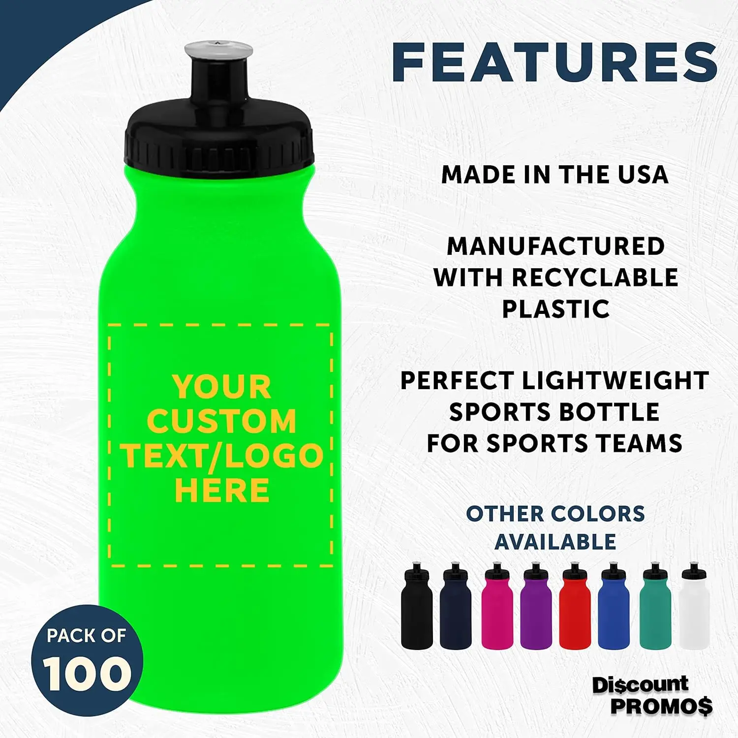 PROMOS Custom 20 oz. Water Bottles with Push Cap Set of 100, Personalized Bulk Pack - Perfect for Gym, Hiking, Camping, Outdoor