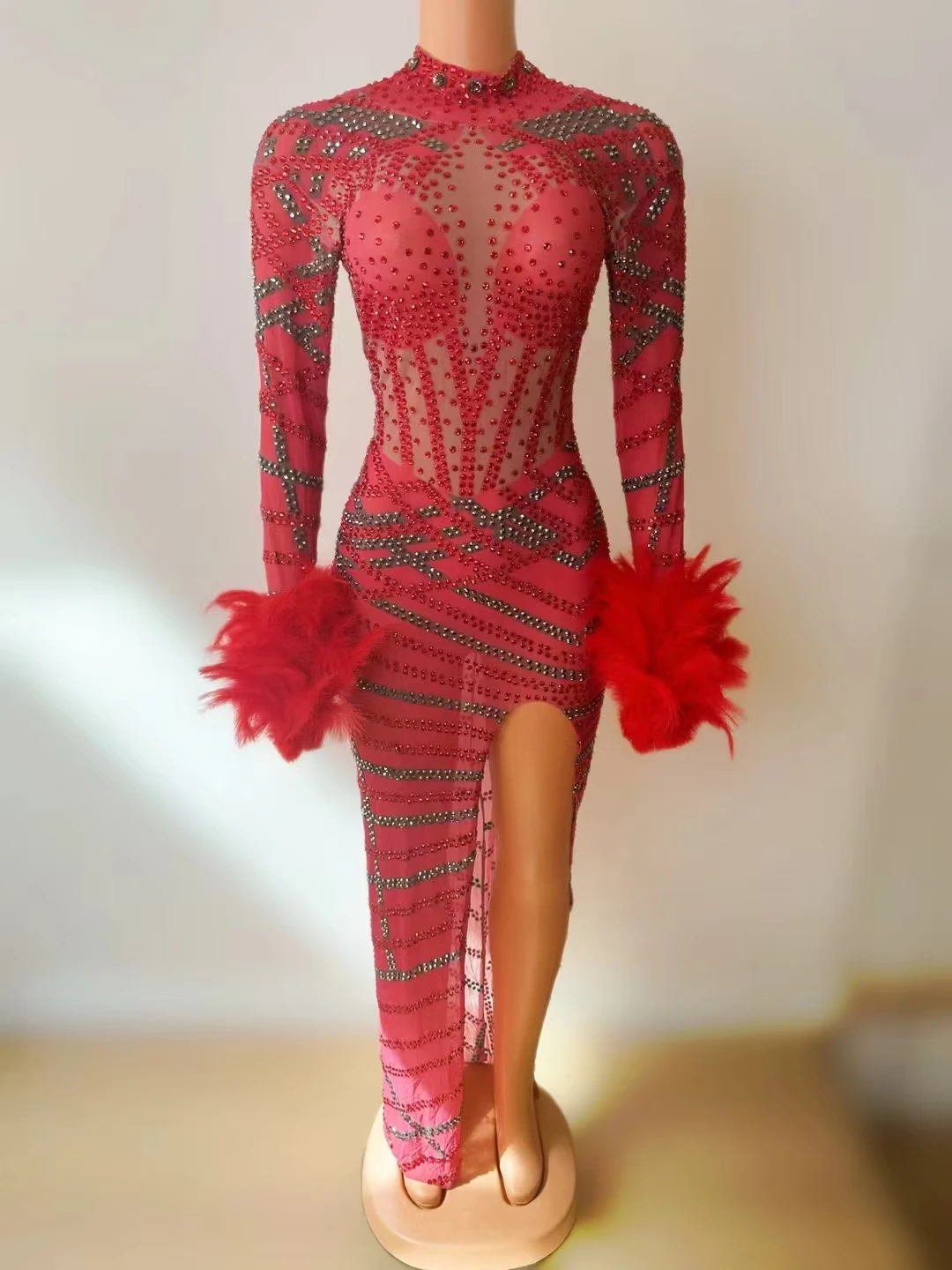 Red Hot Drilling Process Rhinestone Dress ForWomen Stretch Drag Queen Costume SparklyClub Night Performance Stage Wear 2024 A703