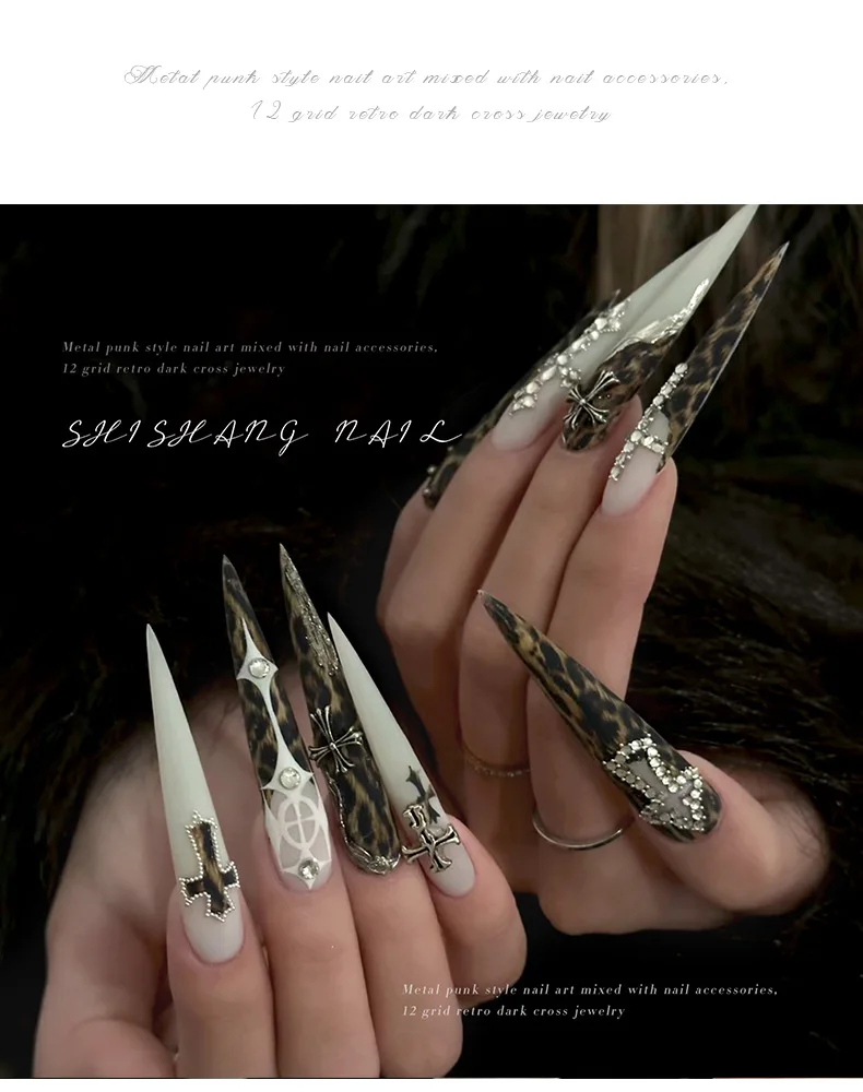 12 Fächer/60 Stück Goth-Punk-Nagelcharms, Nieten im dunklen Vintage-Stil, Kreuz-Nagelkunst-Applikationen, Y2k Premium Metall-Stil Nagel-Metalldekorationen – Detail 7