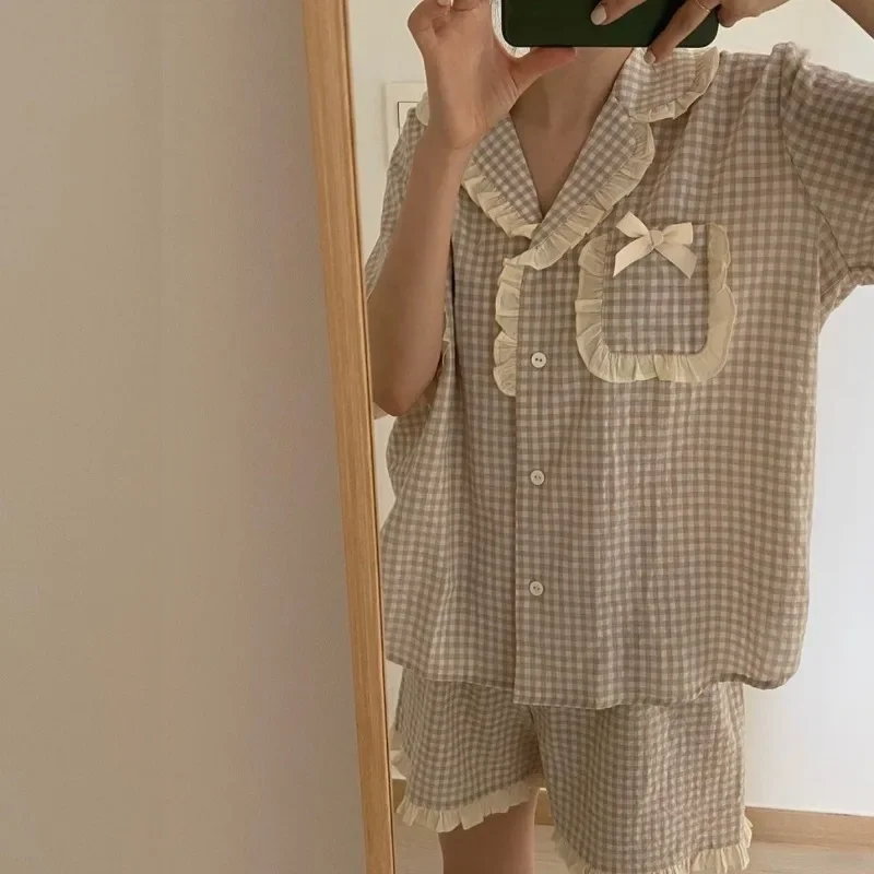 Plaid Sleepwear Women Pajama Sets Korean Summer Piiama Sets 2 Pieces Bow Night Wears Short Sleeve Pyjamas Pocket Home Suit 2024