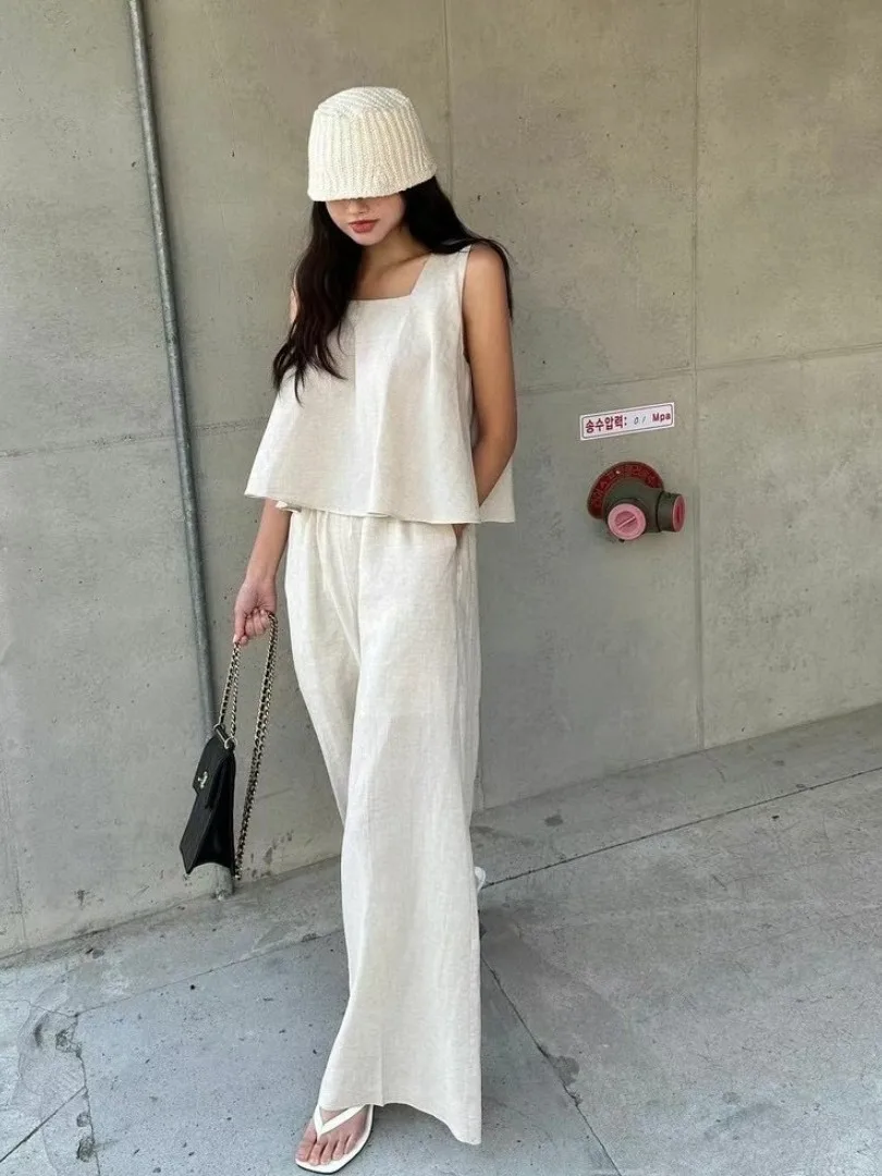 

Chic Summer Vintage Square Collar Loose Versatile Vest Top High Waist Casual Pants Long Pants Set Women's Fashion Ensemble