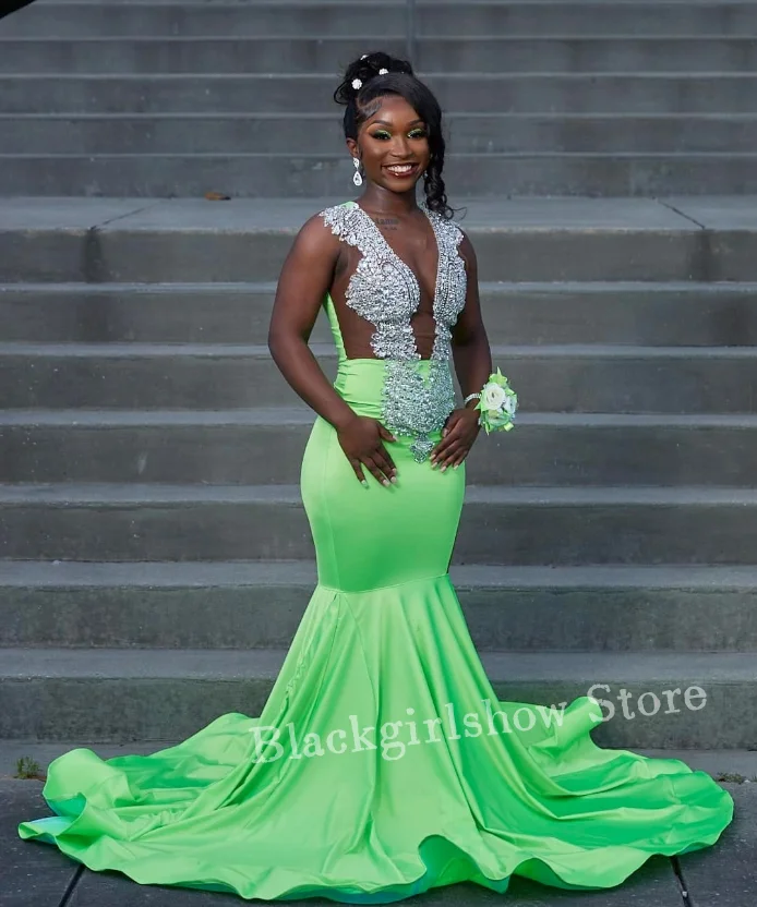 Hortelã verde cetim sereia vestido de festa de baile espumante decote em v diamante apliques preto meninas festa de aniversário ocasião formal personalizado