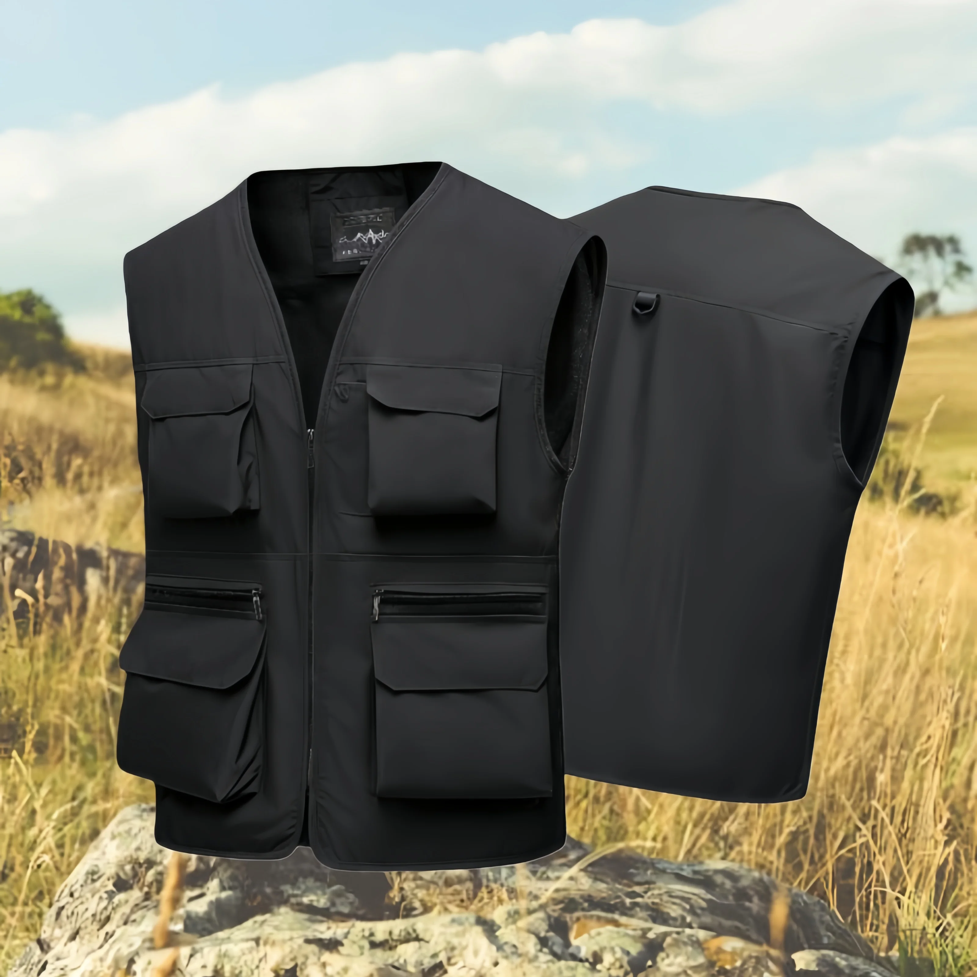 

2025 популярный мужской модный жилет, свободный жилет больших размеров, однотонный стильный жилет с несколькими карманами, повседневный свободный жилет для мужчин