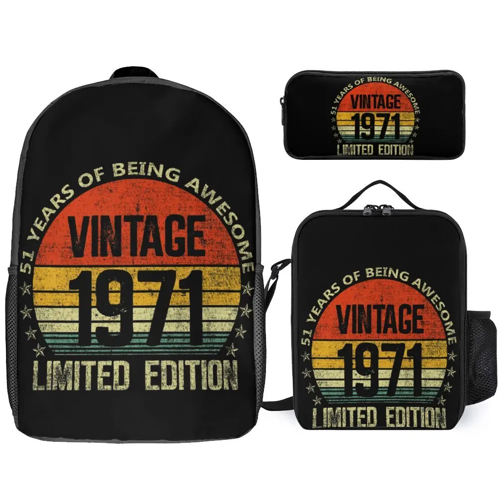 

3 in 1 Set 17 Inch Backpack Lunch Bag Pen Bag 51 Year Old Vintage 1971 Limited Edition Funny Durable Infantry Pack Snug Picnics