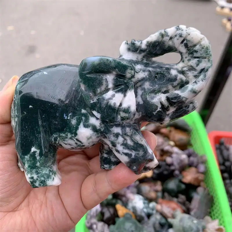 

Natural Moss Agate Elephant Carving Crafts Cute Animal Healing Fashion Home Decoration Birthday Present 1pcs