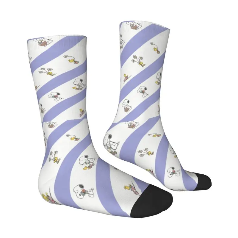 Custom Snoopys & Woodstock Easter Stripe Pattern Mens Crew Socks Unisex Cool Dog Spring Summer Autumn Winter Dress Socks