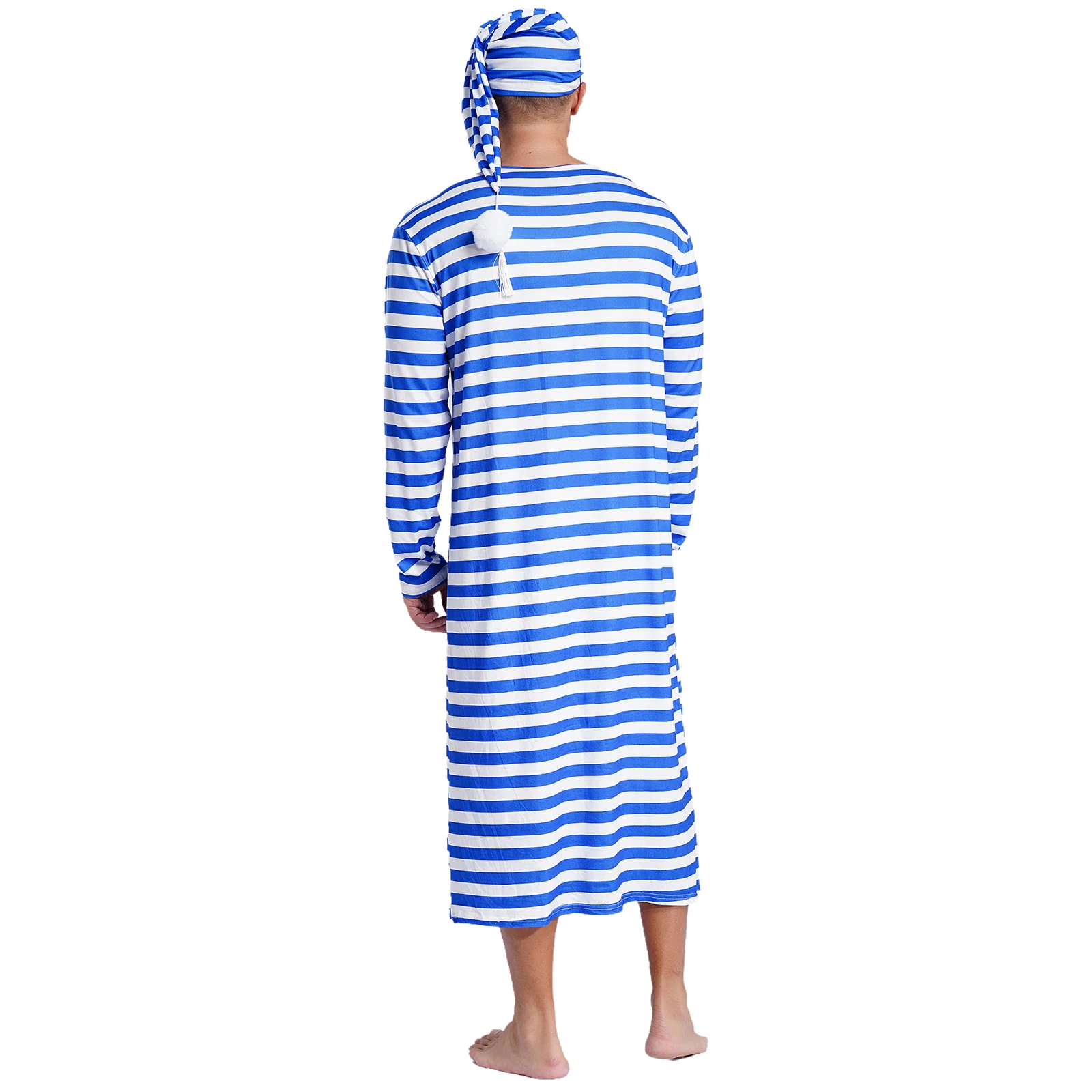 Men\'s Striped Nightshirt Sleep Robe Set Loose Soft Long Sleeve Sleeping Long Shirts with Night Cap Christmas Sleepwear Nightwear