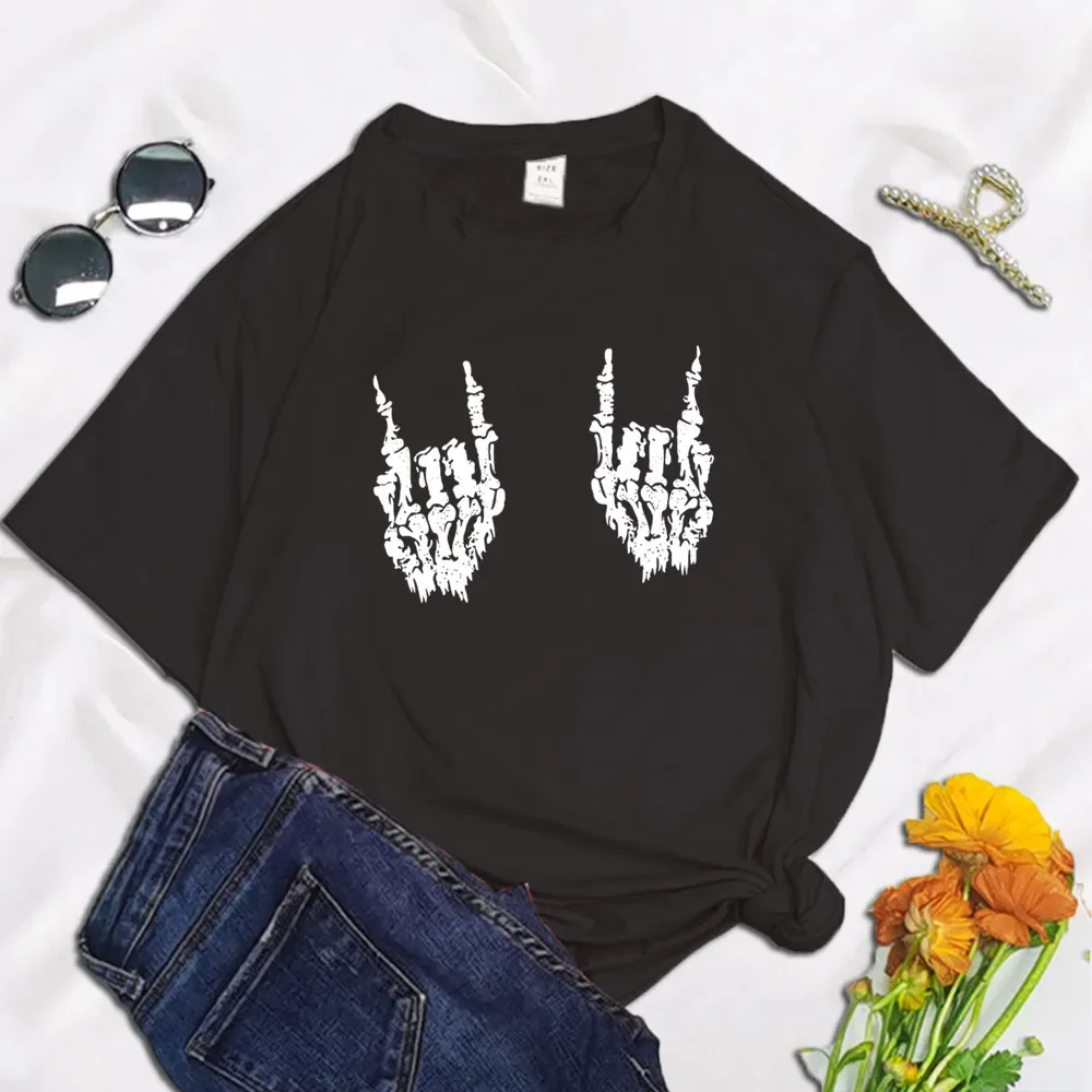 Plus Size Skeleton Hand Print Harajuku Funny Women T Shirt 2024 Summer Round Neck Y2K 90s Oversized Graphic Streetwear