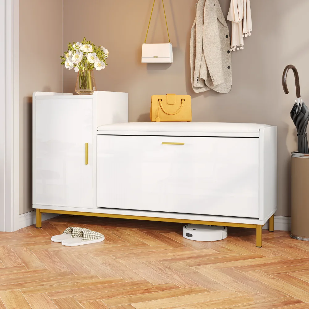100x38x68cm Weiß-Gold Schuhaufbewahrungsbank Hochglanz 2 Fächer 1 Schrank Gepolsterter Sitz Metallfüße Flur Wohnzimmer