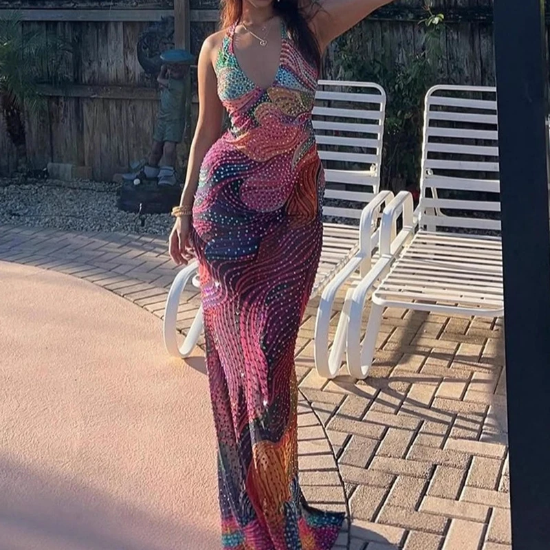 

Женское повседневное платье с V-образным вырезом и принтом, модное вечернее платье без рукавов с пайетками, новинка 2026 года, элегантное приталенное длинное платье с пайетками