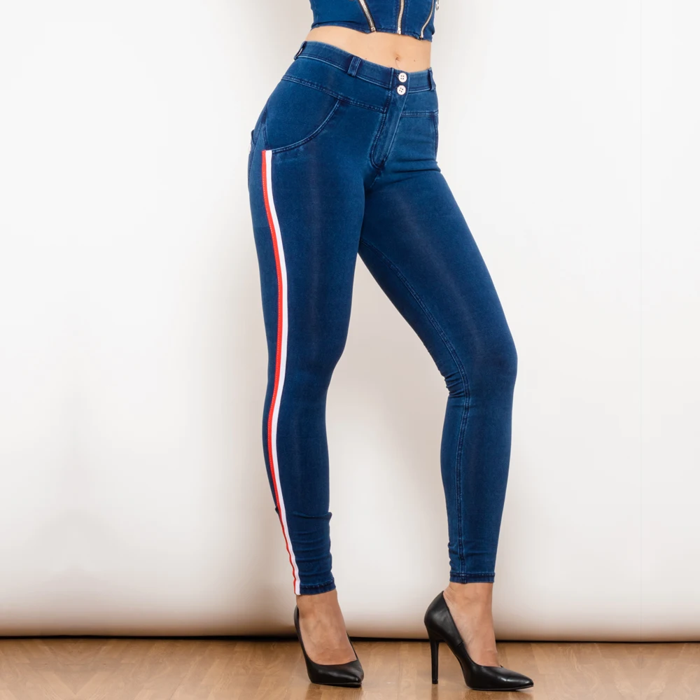 Shascullfites Middle Waist Dark Blue Lift Jeggings with Stripe Denim Blue Women Push Up Hip Sports Leggings Elastic Slim Pants