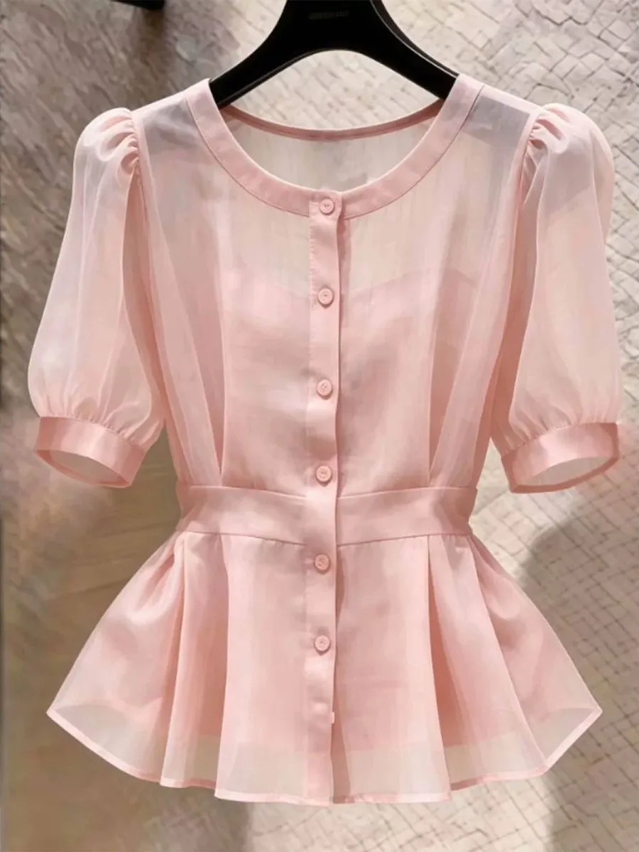 Elegant Soft Chic Women's Chiffon Shirt Comfortable Luxury Design Summer New Style Casual Fit Short Sleeve round Neck Open Ca...