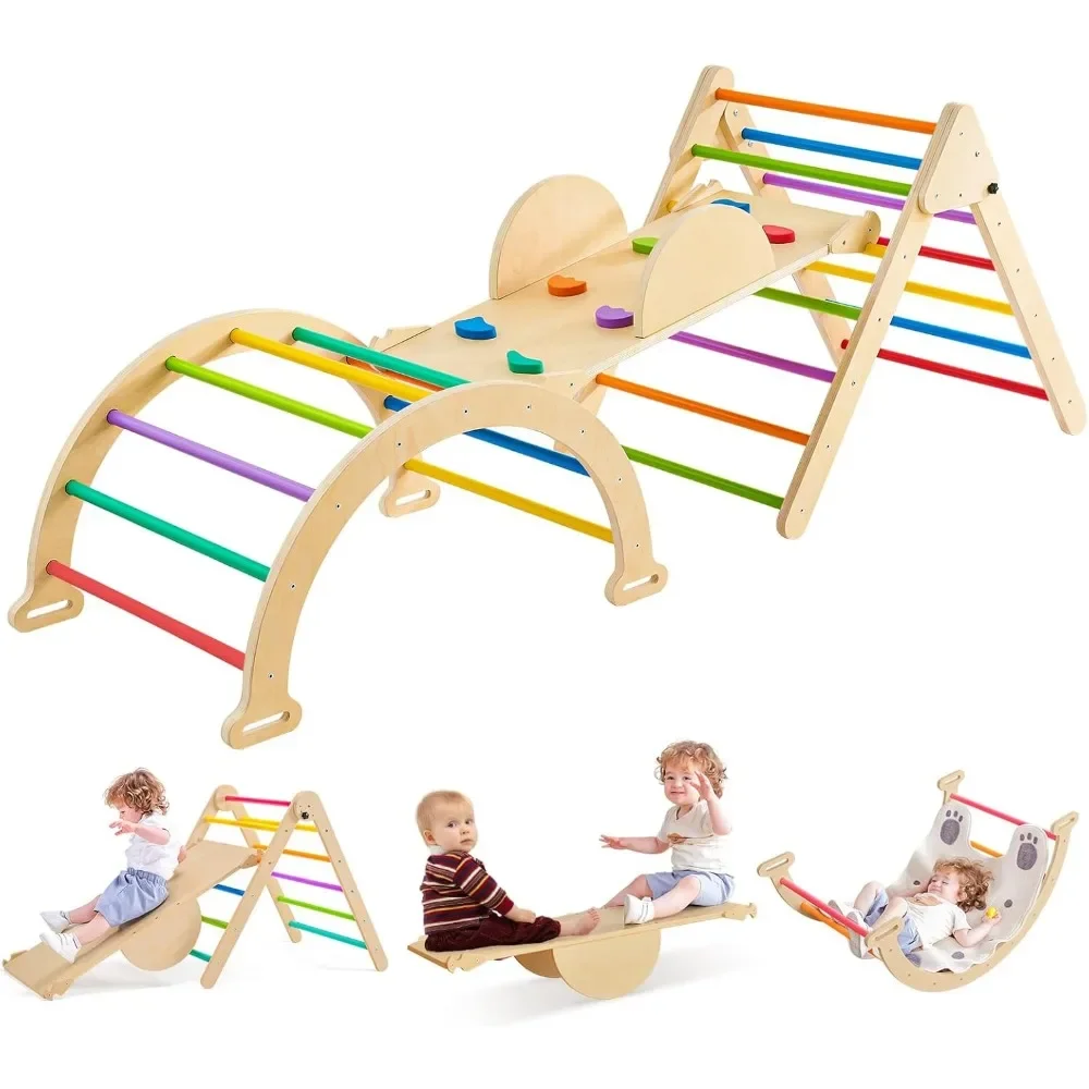 

7-in-1 Pikler Triangle Set - Wooden Toddler Climbing Toys, Indoor Playground with Ramp for Sliding or Climbing, Jungle Gyms