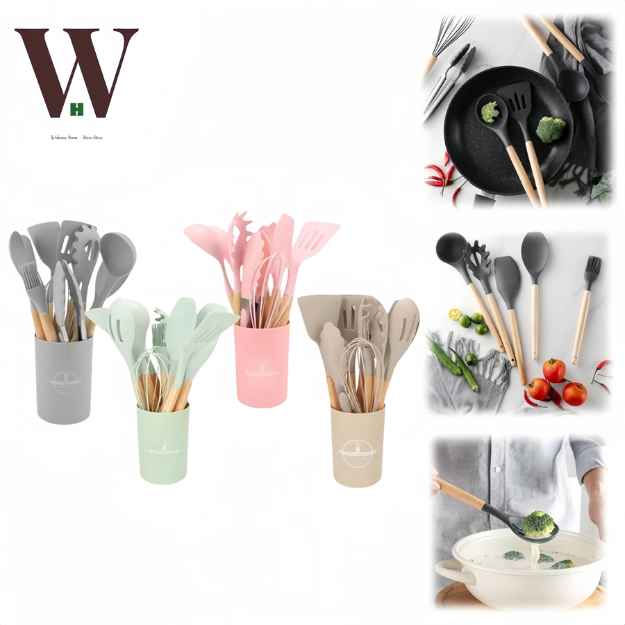 12 piece silicone kitchen set non-stick kitchen utensils wooden handle spatula eggbeater cooking utensils accessories