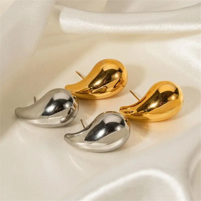 INS New Polished Chunky Waterdrop Earrings Stainless Steel Teardrop Peas Shape Stud Hammered Earring Wedding Waterproof Jewelry