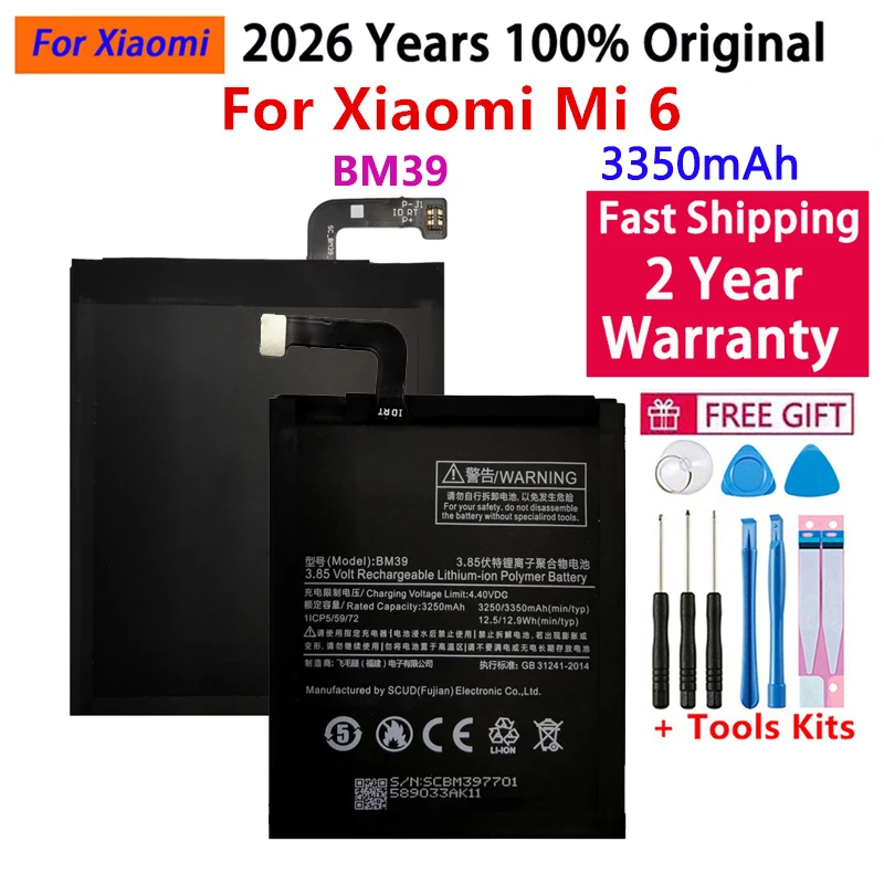 

2026 Years BM39 For Xiaomi Original Battery For Xiaomi Mi 6 Mi6 3250mAh High Capacity Phone Battery Bateria Fast Shipping +Tools
