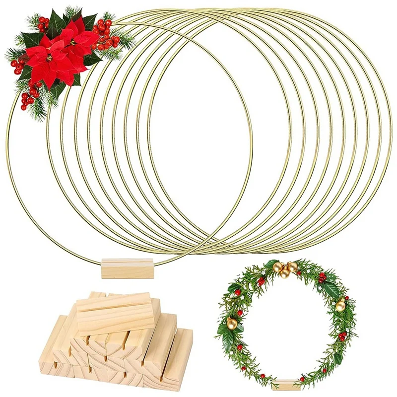 

10 Packs 10 Inch Metal Floral Hoop Centerpiece With 10 Packs Wood Place Card Holders, Gold Hoop Centerpieces For Table Durable