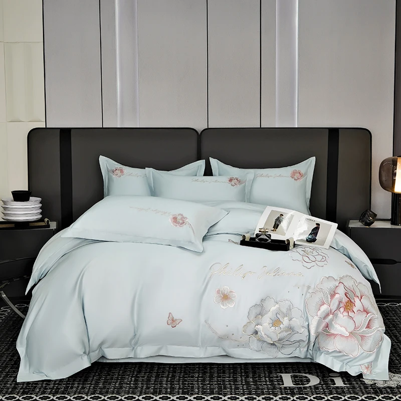 

Butterfly Flowers Embroidery Bedding Set Egyptian Cotton Duvet Cover Sets Fitted Bed Sheet Pillowcase Solid Color Bedclothes