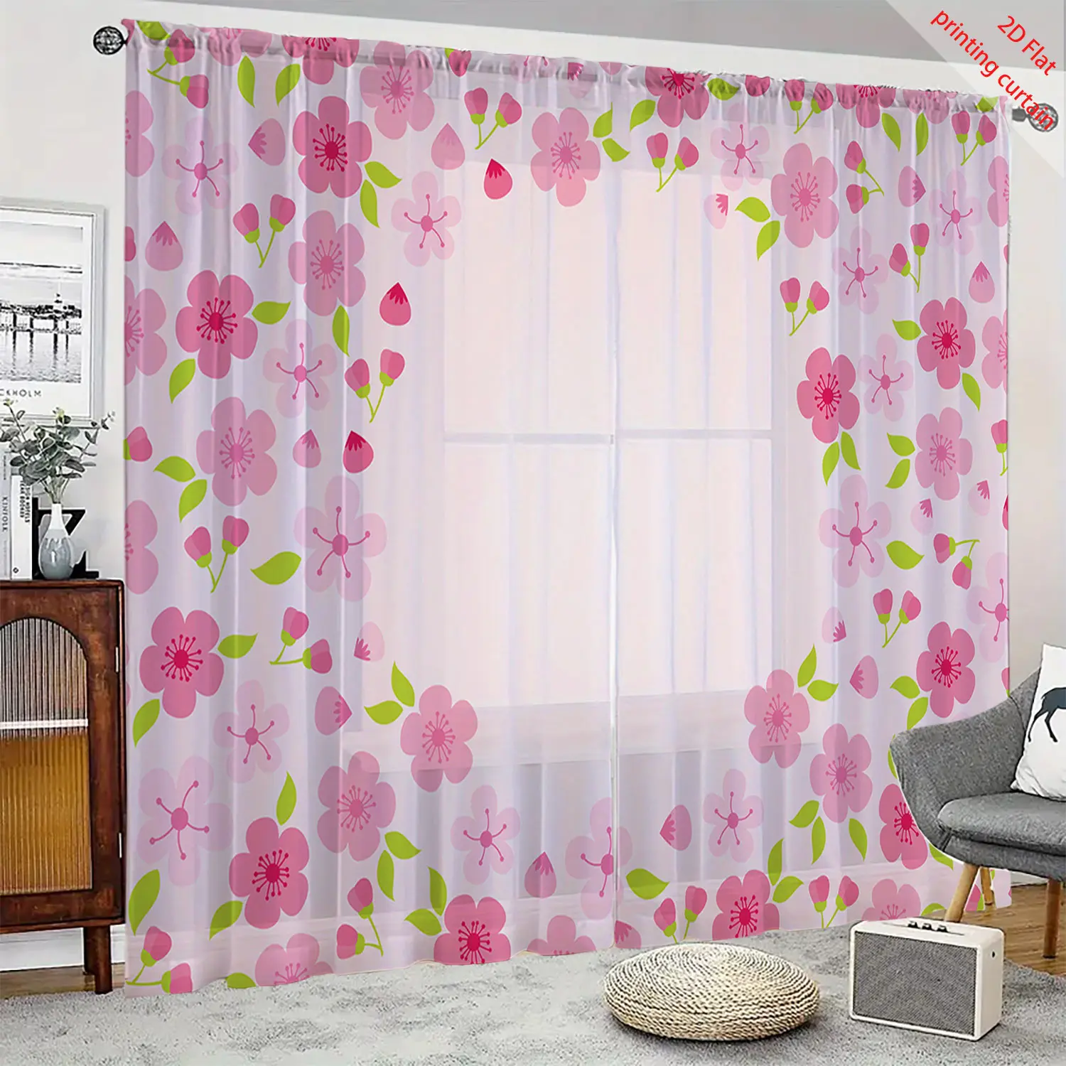 

Pink floral pattern printed transparent gauze curtain, bedroom living room balcony decoration, hippie dreamy home art decoration