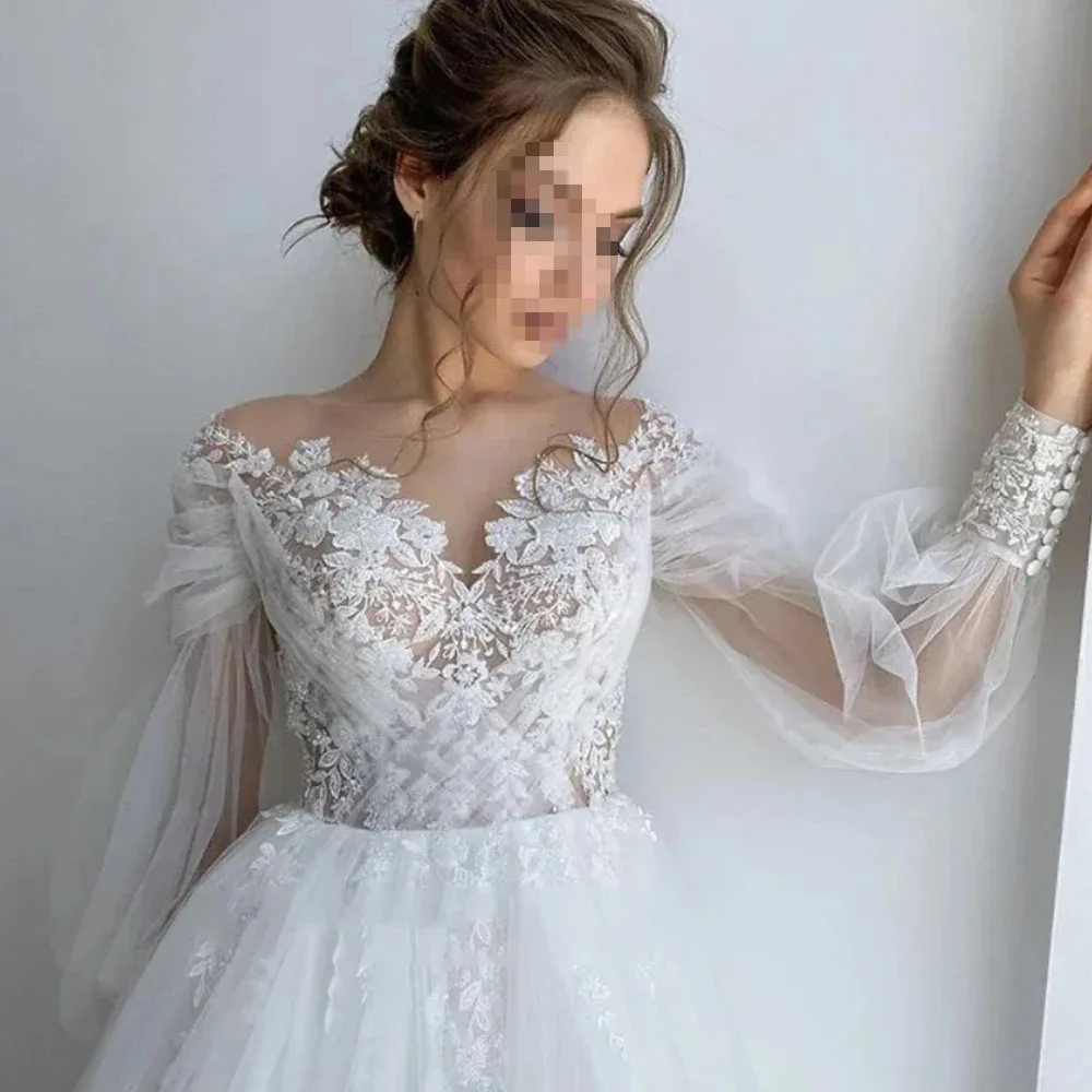 Vestido de casamento com mangas compridas lanterna, noiva 2025, brilho, apliques de tule, decote em v, linha a, vestidos de casamento para mulheres, personalizado