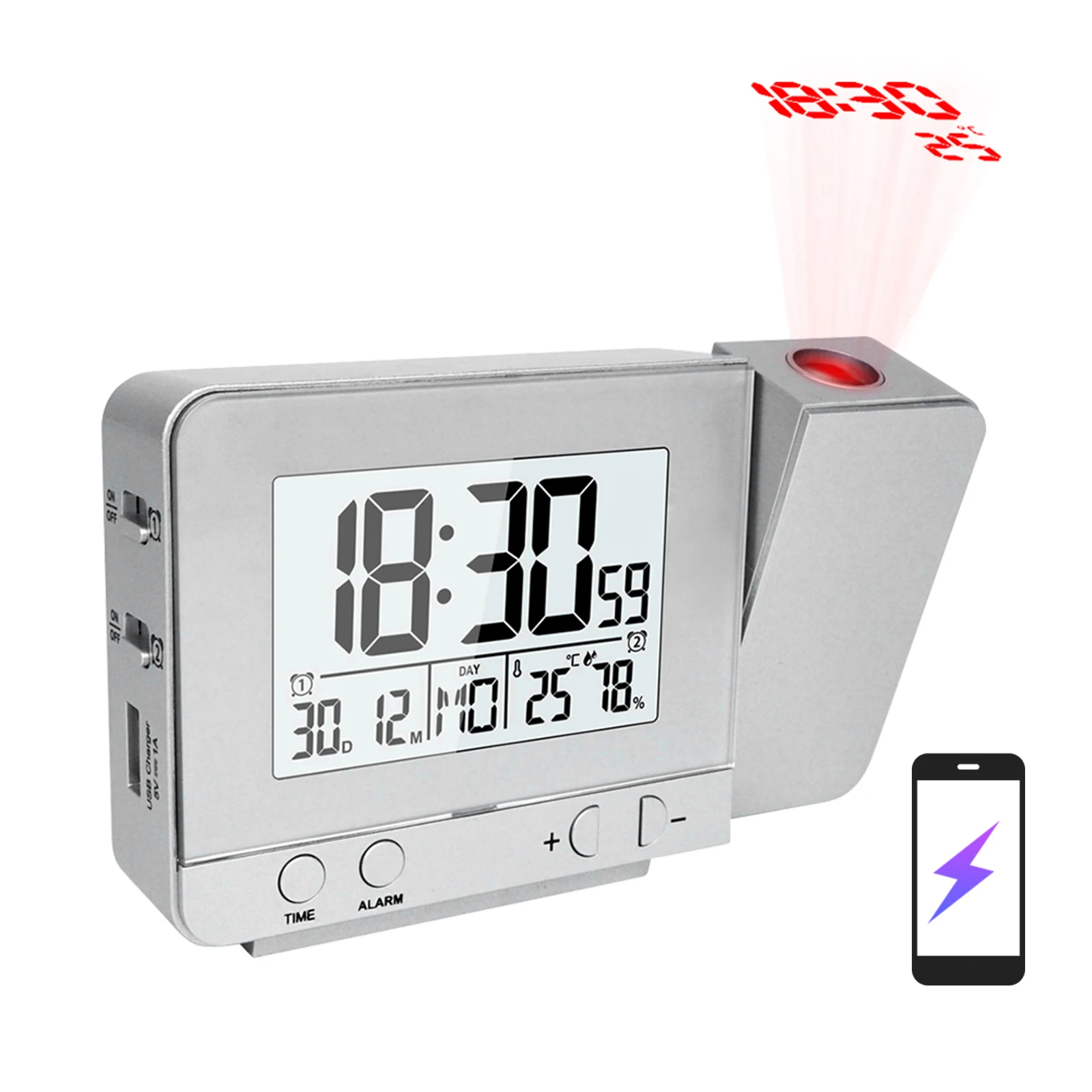 Projection Alarm Clock for Bedroom with Thermometer Hygrometer Digital  Ceiling Clock Dimmable LED Display with USB Charger