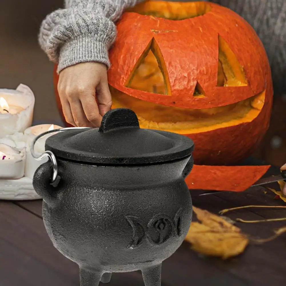 Witch Burning Pot Halloween Witch Pot with Lid Heat-resistant Mini Cast Iron Cauldron Portable Incense Burner Party Decoration