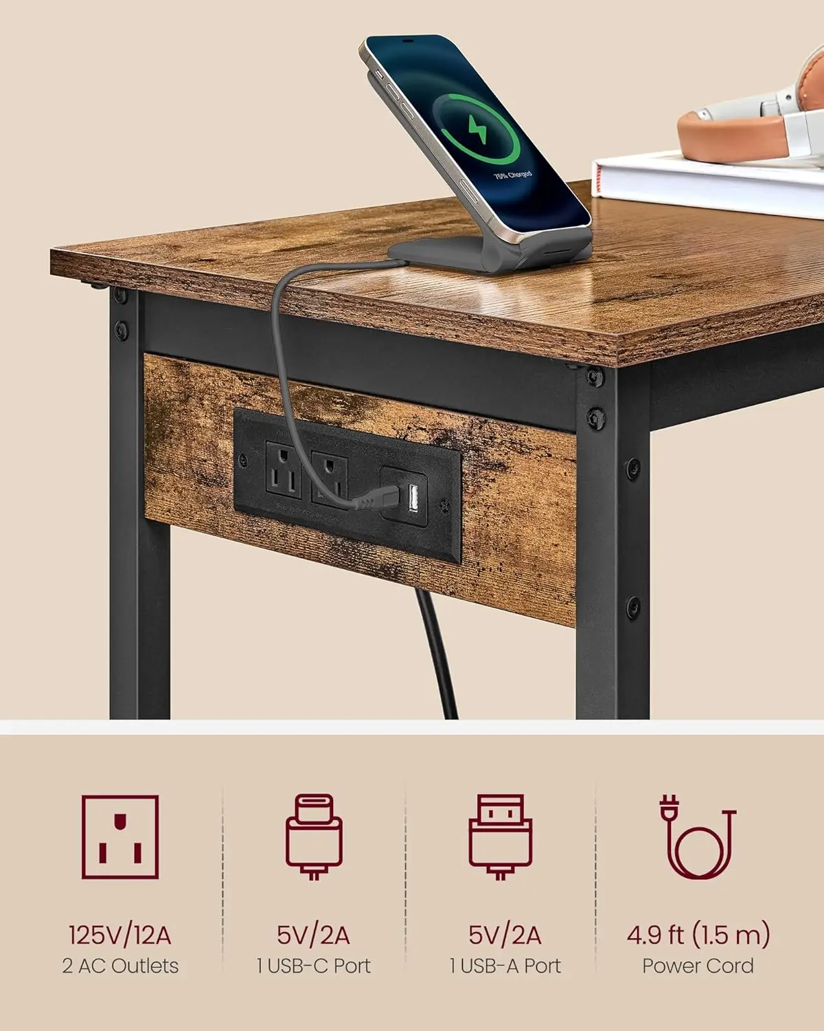 Bar Table, Narrow Long Table with Charging Station, Kitchen Dining Table, High Pub Table, Sturdy Metal Frame, Industrial, 15.7 x