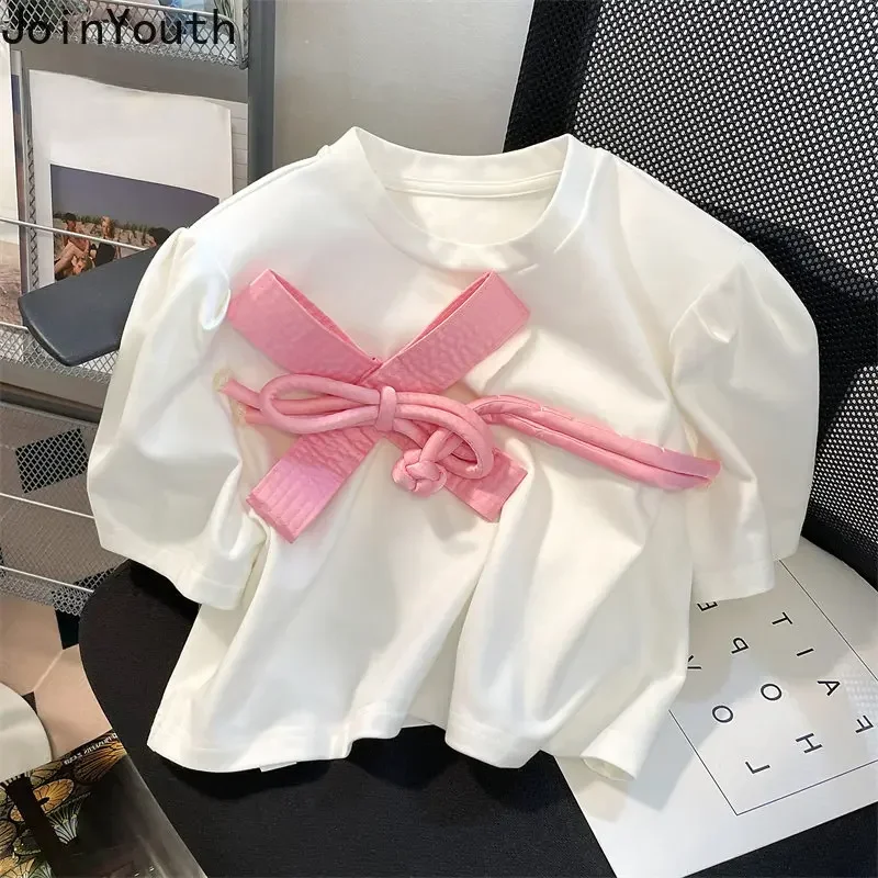 Summer Tshirts for Women Chic 3D Bow White Tees O-neck Puff Sleeve Fashion T Shirts 2023 Ropa Mujer Sweet Vintage T-shirt Tops