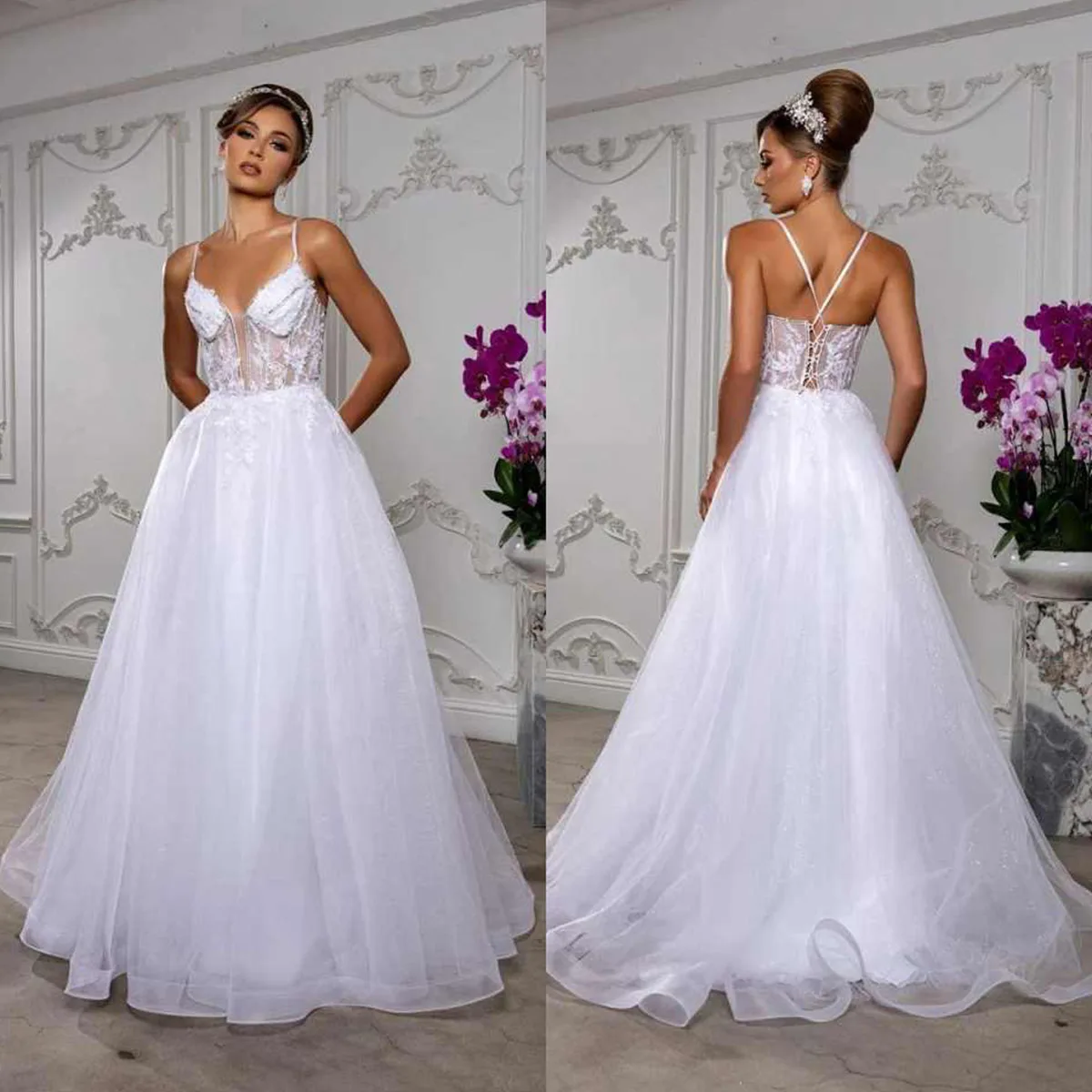 

Customized High Quality A Line Wedding Dress For Girls Sleeveless Lace 3D Flowers Sexy Wedding Dresses Open Back