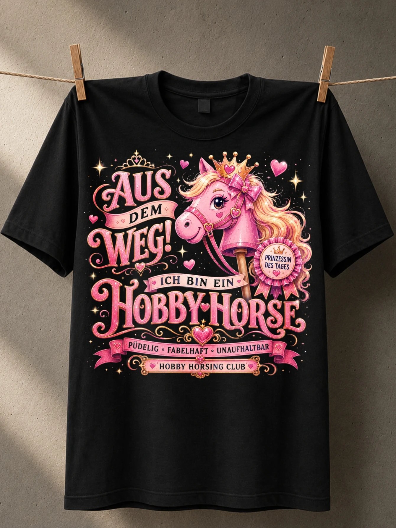 Ornate Hobby Horse with pink crowned pony Aus Dem Weg and Ich Bin Ein lettering hearts ribbons and  Unisex All T-Shirt