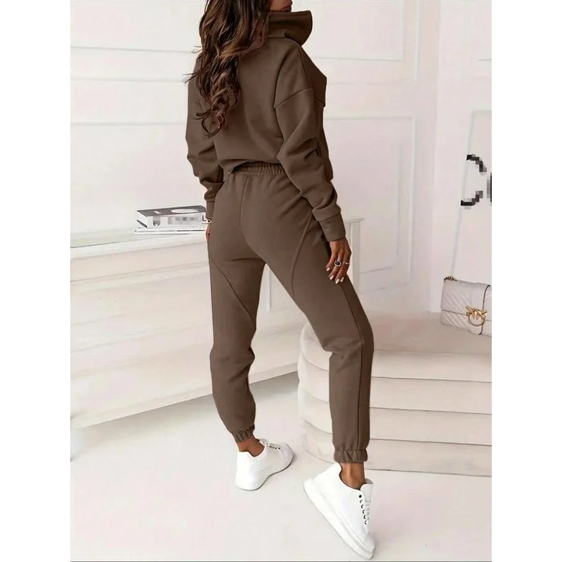 Two-piece Set Women's Solid Zip Up Sweatshirt & Pants, Casual Long Sleeve Stand Collar Sweatshirt & Trousers for Fall & Winter,