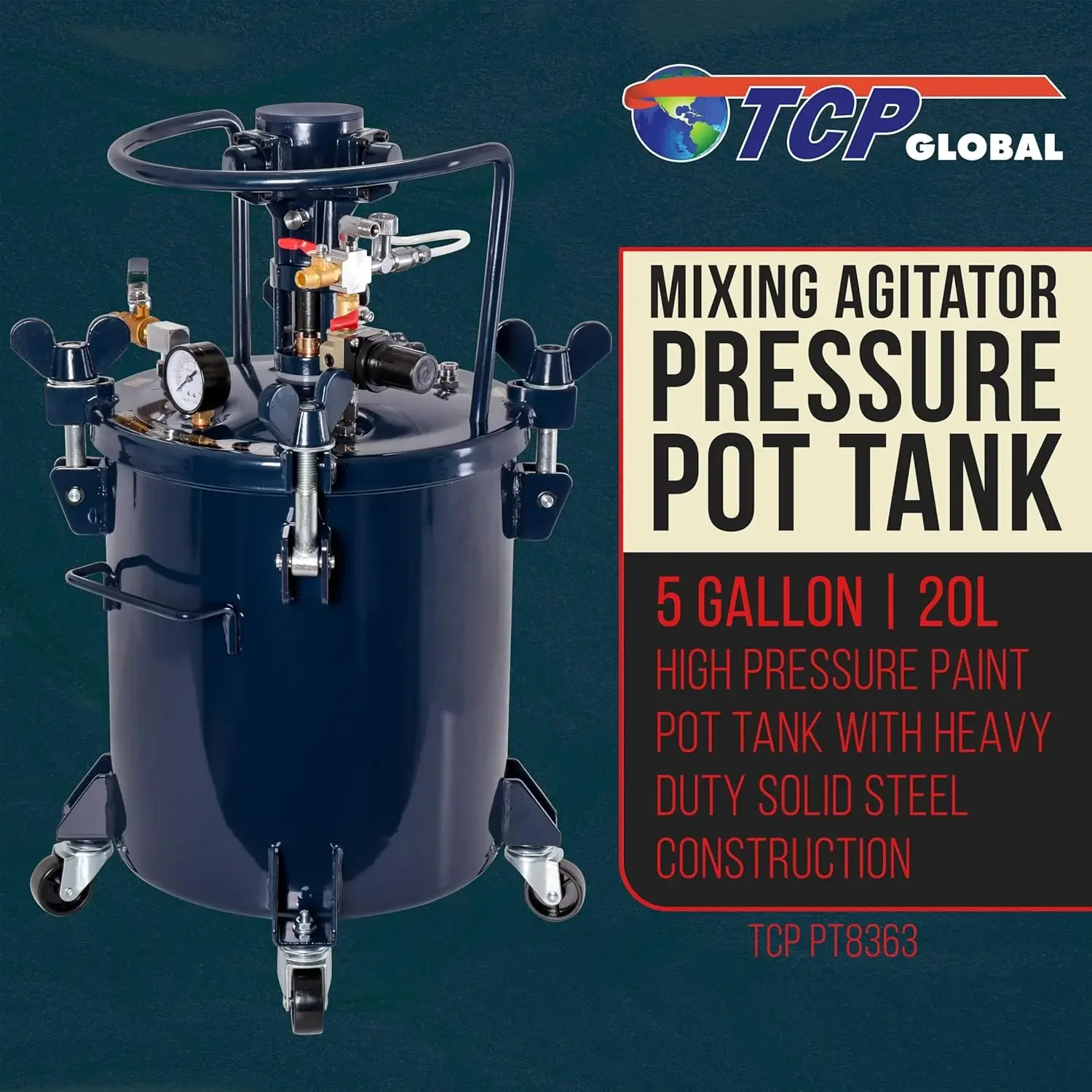 TCP Global 5 Gallon - 20 Liter Pressure Pot Spray Paint Tank: Heavy Duty Solid Steel, Clamp on Lid with Air-Powered Mixing Agita