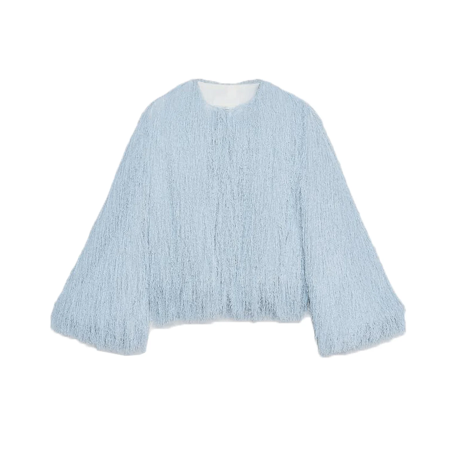 

Fall New Women's round Ne Faion Loose Tassel Trim Versatile Jaet Long Sve Outerwear Commute Sle Polyester Fiber