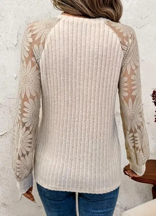 

Woman Blouse 2025 Spring Autumn New Solid Color Round Neck Hollow Out Lace Patchwork Long Sleeved Casual Daily Pullover Top
