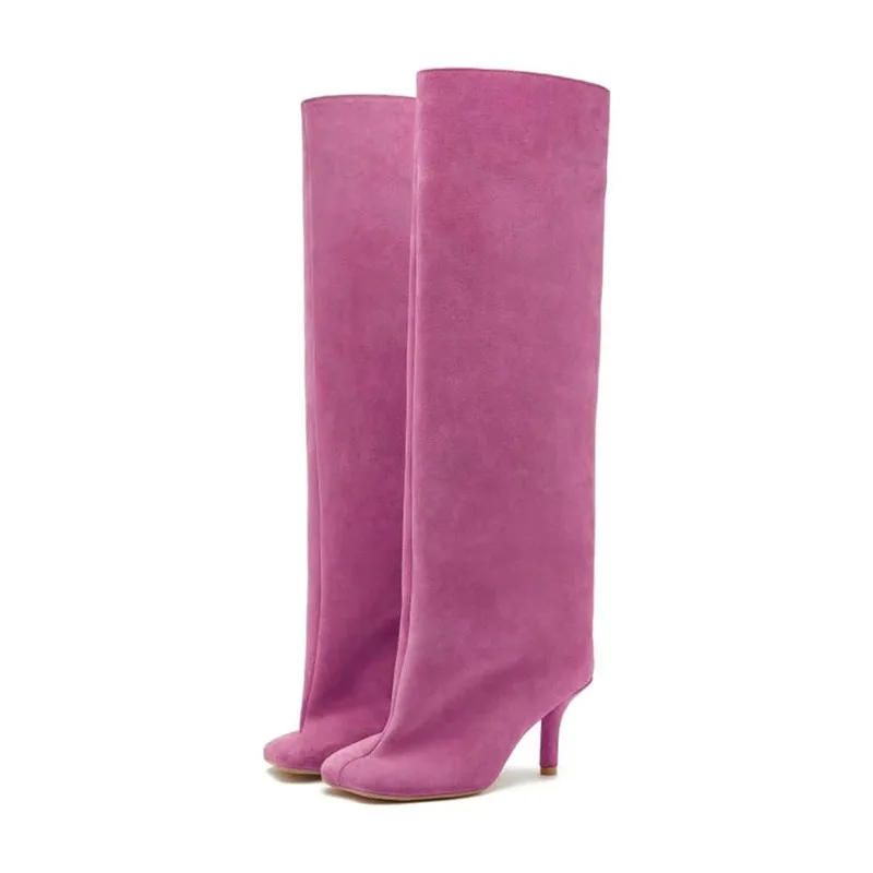 

Woman High Heel Boots Square Head Retro Matte Suede Loose Straight Pants Tube Boots 6cm Thin Heel Plus Size Solid Women's Shoes