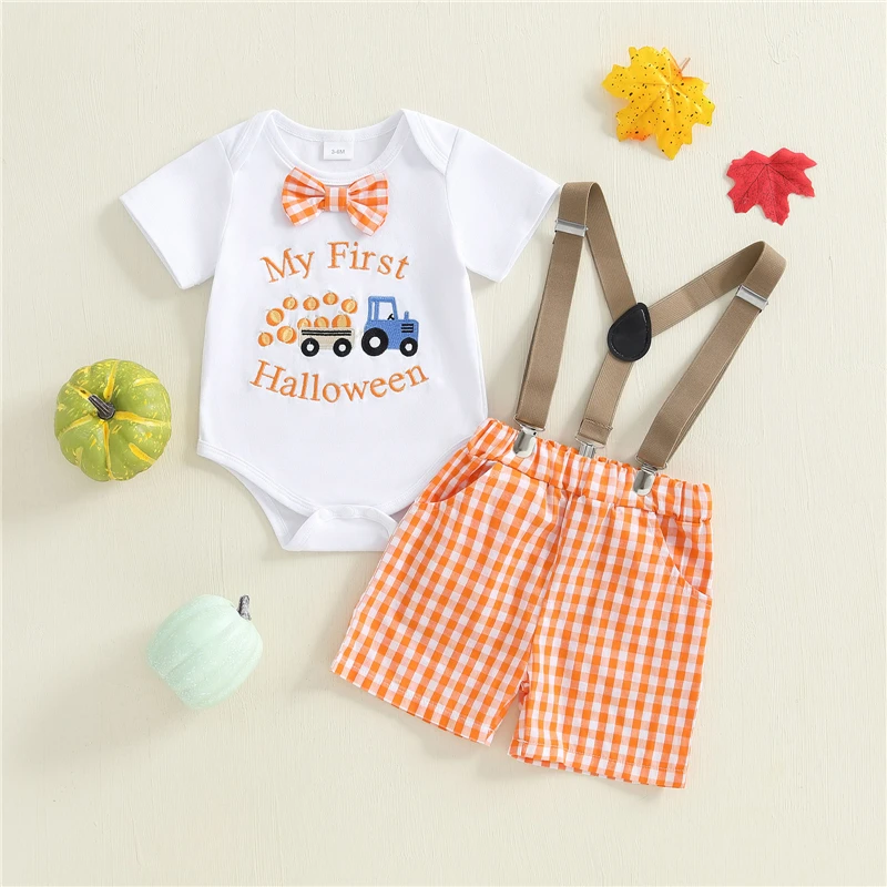 

Newborn Baby Boy Halloween Casual Outfit Pumpkin Embroideried Short Sleeve Romper with Plaid Suspender Shorts 2 Pcs Set