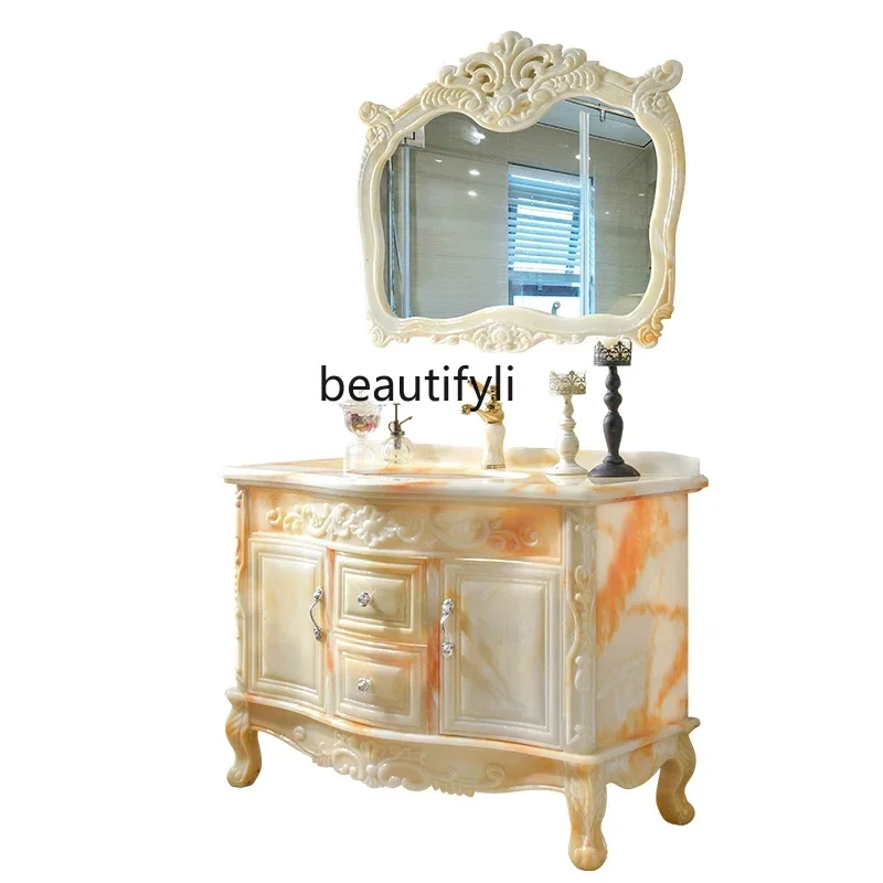 lt European-Style Bathroom Cabinet Combination Full Jade Bathroom Floor-Standing Washstand Washbasin Cabinet Light Luxury