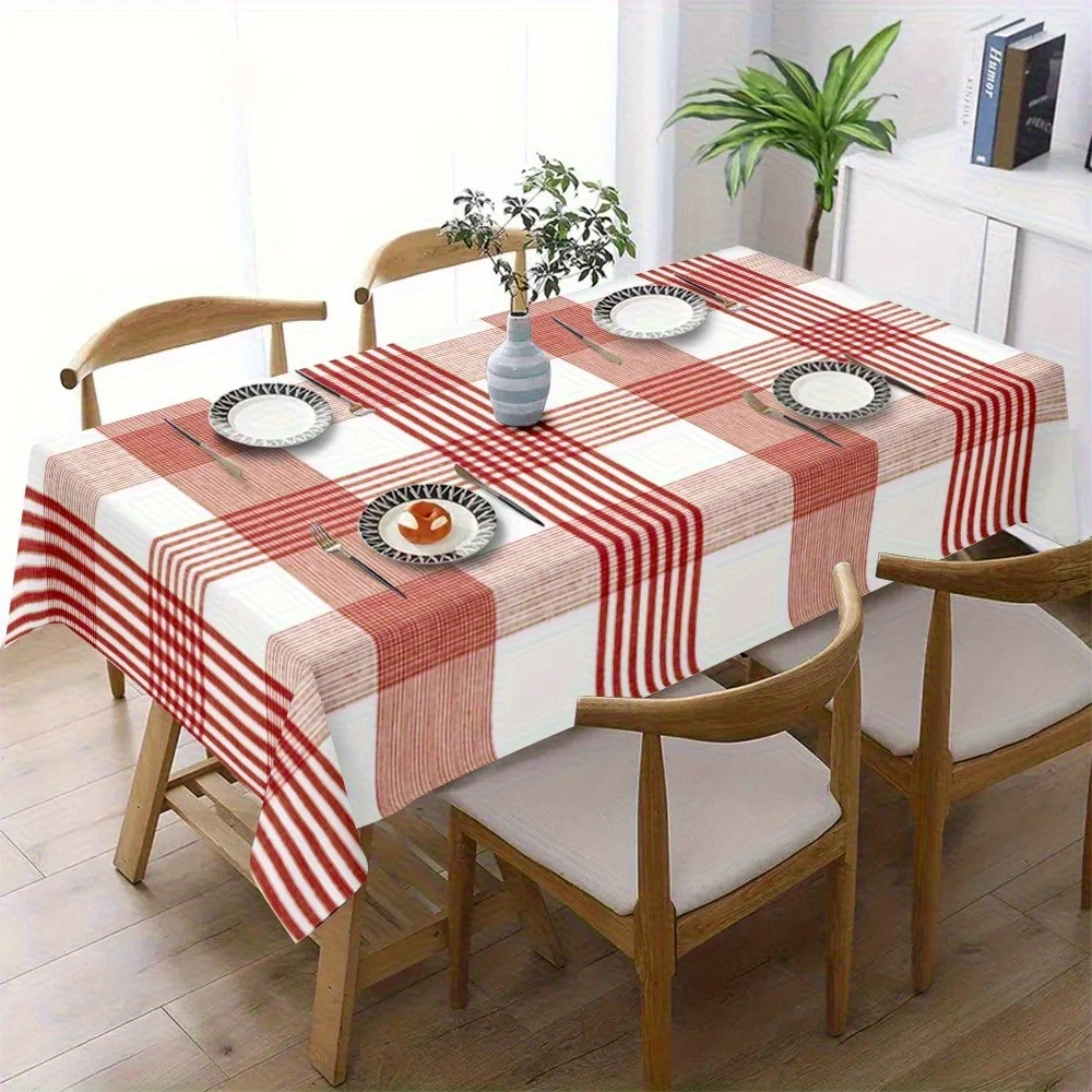 One red and white checkered tablecloth, rectangular, made of durable polyester fabric