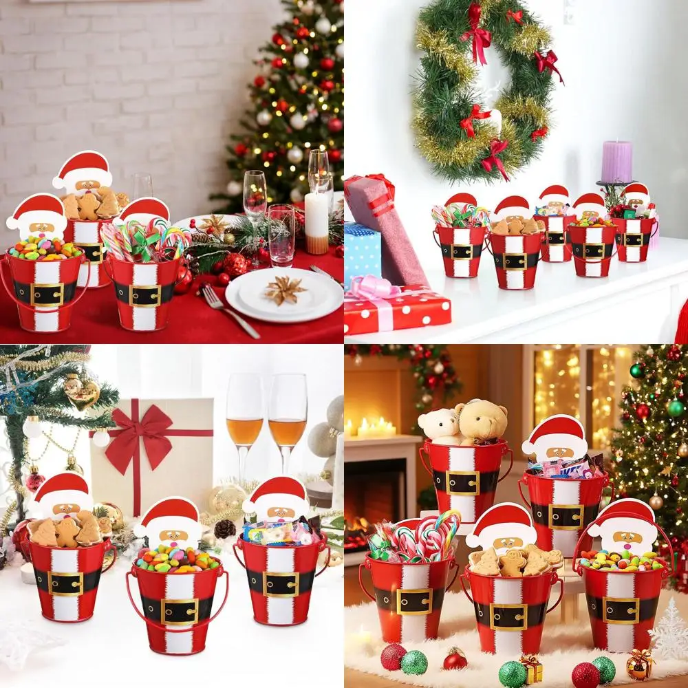 

Set of 10 Metal Santa Belt Christmas Buckets with Handles, Red Mini Santa Pails for Xmas and Winter Celebrations