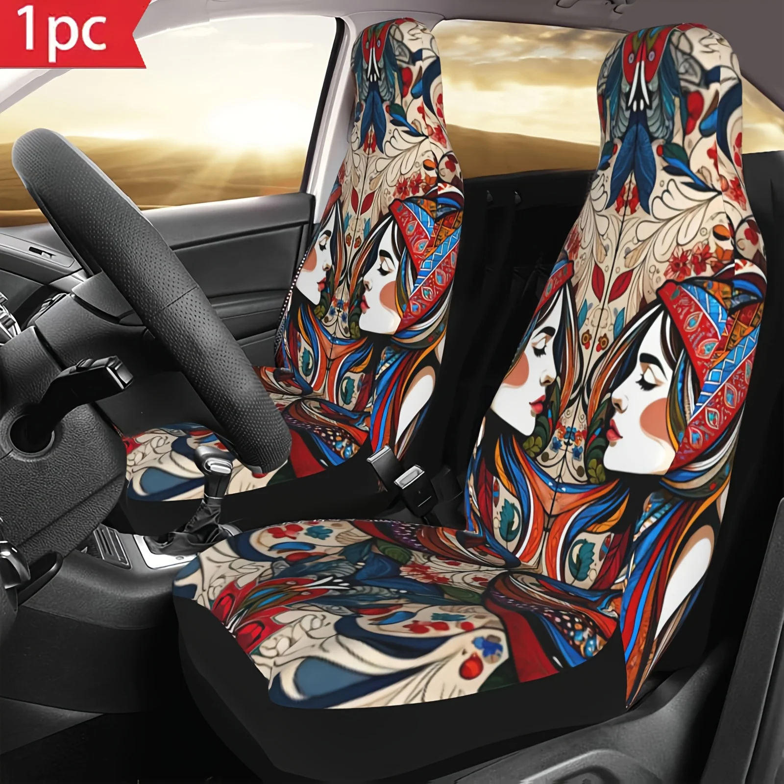 

1pc Vibrant Artistic Polyester Car Seat Cover, Non-woven Fabric, Universal Fit For Cars, SUVs, Trucks, Front Seat Protector, No